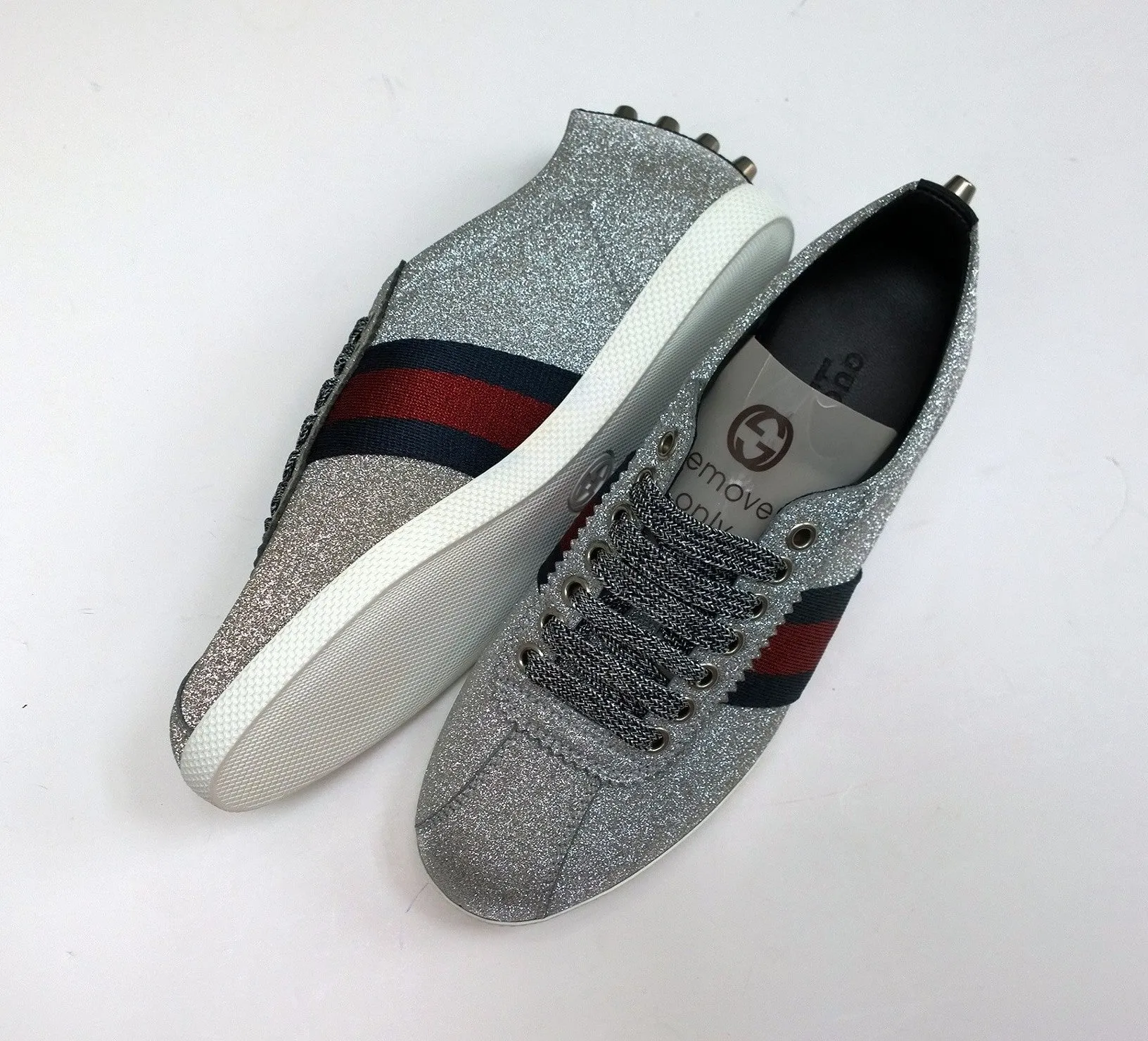 Gucci Bambi GG Silver Glitter Sneakers with Silver Studs. Grosgrain and Tiger Detail