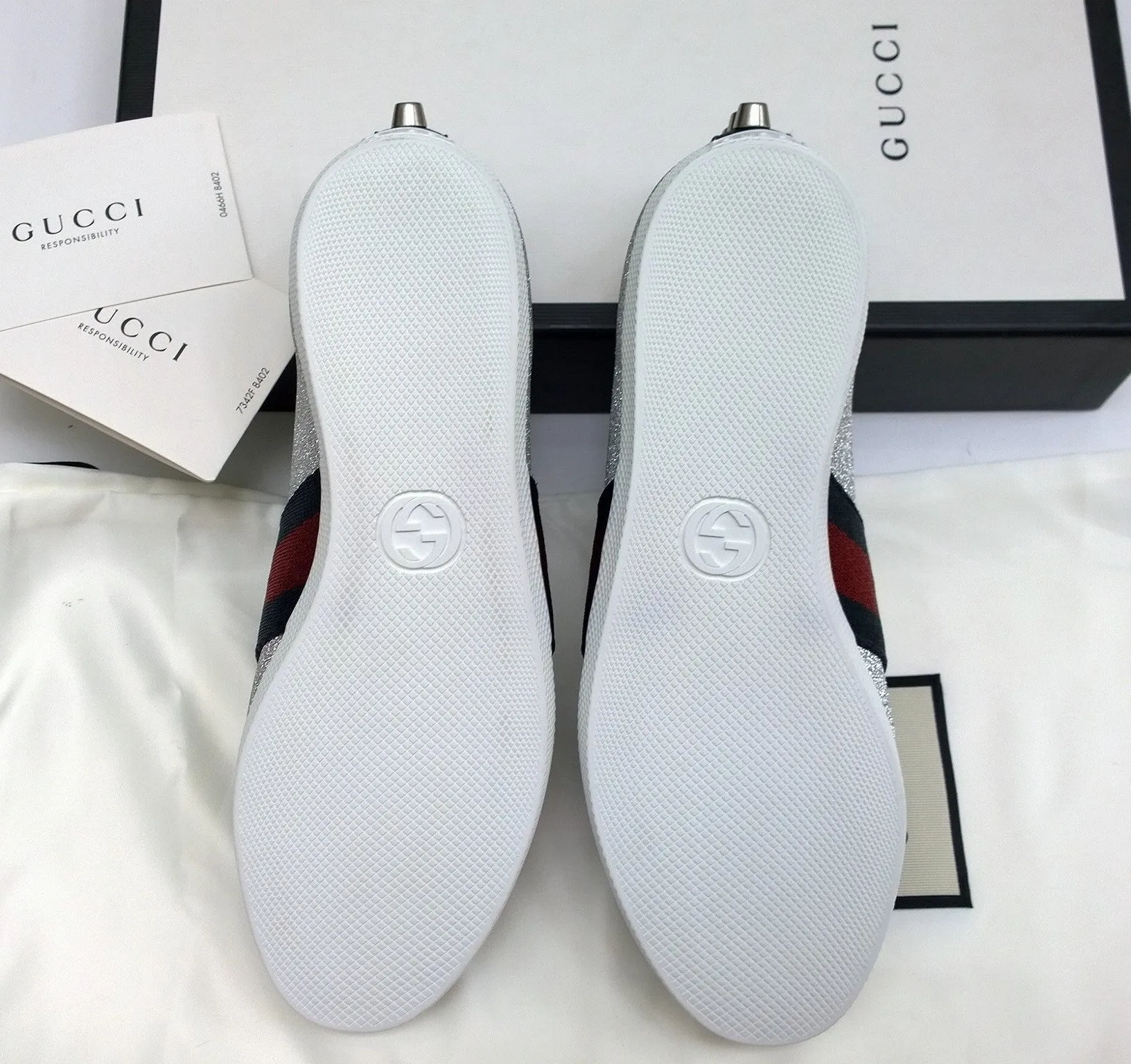 Gucci Bambi GG Silver Glitter Sneakers with Silver Studs. Grosgrain and Tiger Detail
