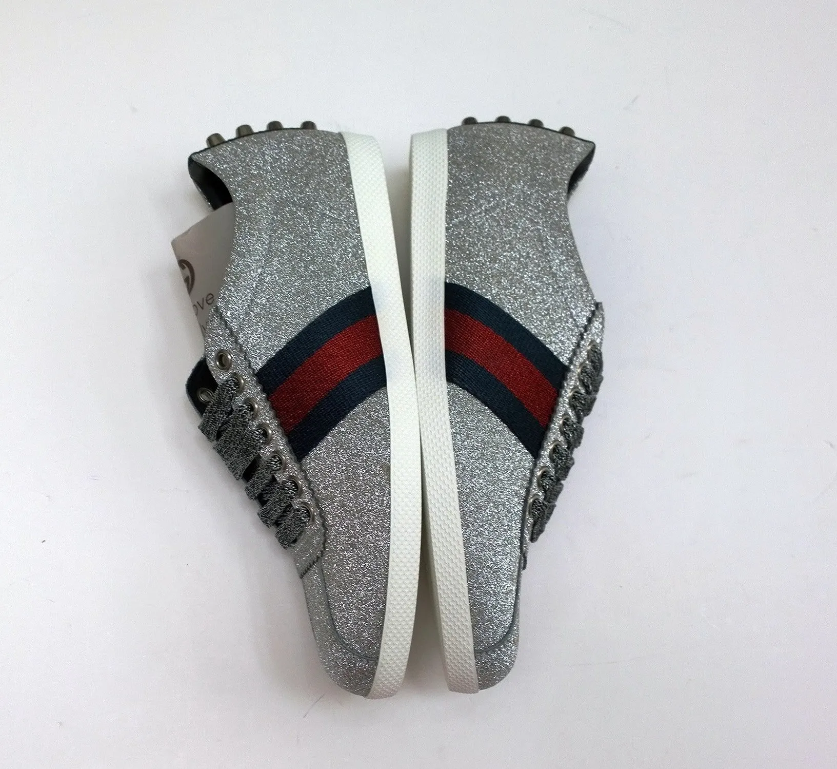 Gucci Bambi GG Silver Glitter Sneakers with Silver Studs. Grosgrain and Tiger Detail