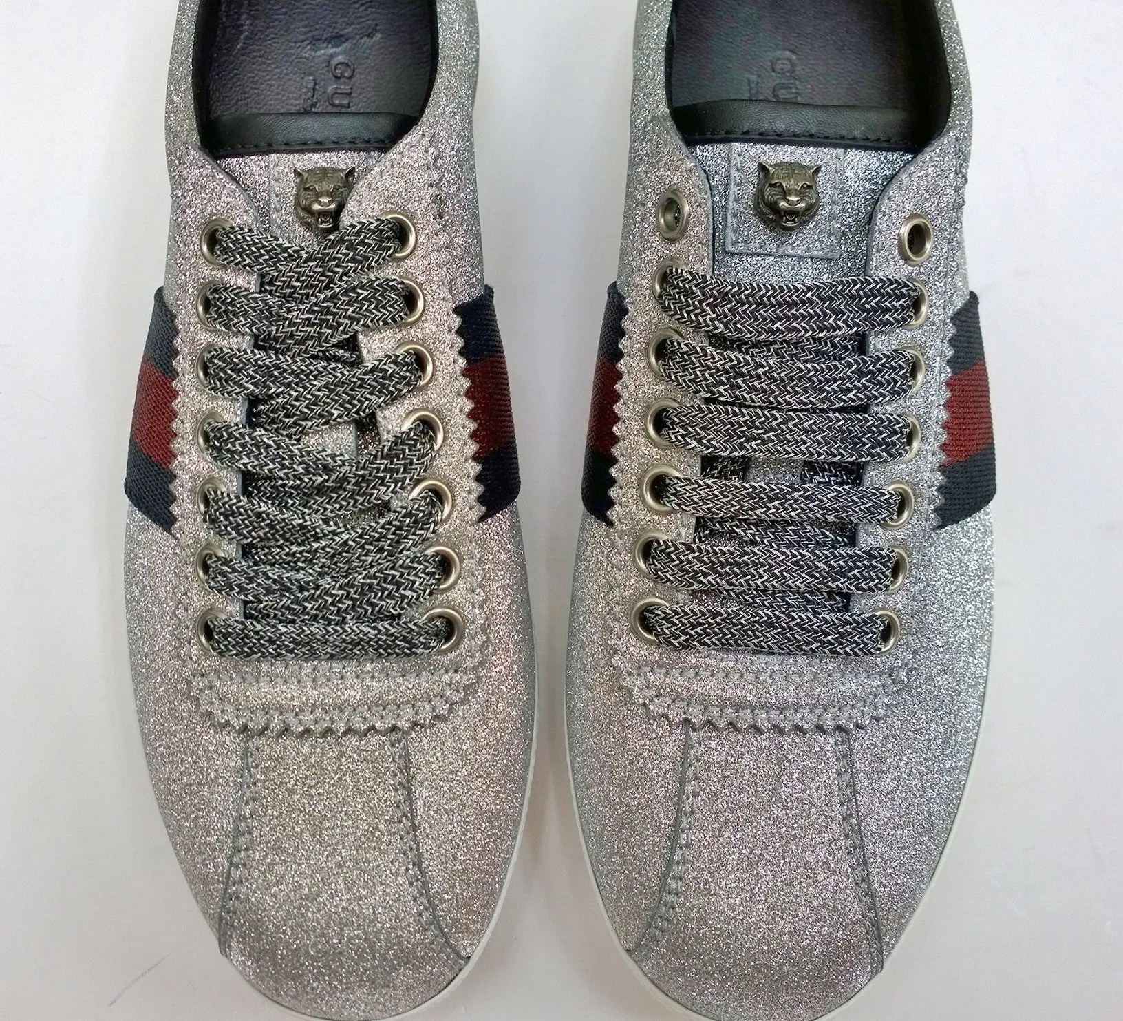 Gucci Bambi GG Silver Glitter Sneakers with Silver Studs. Grosgrain and Tiger Detail