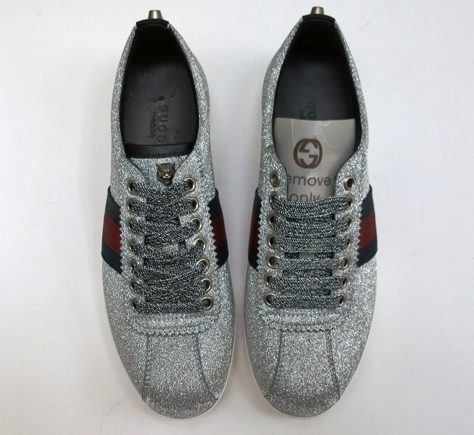 Gucci Bambi GG Silver Glitter Sneakers with Silver Studs. Grosgrain and Tiger Detail