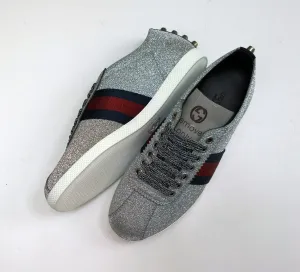 Gucci Bambi GG Silver Glitter Sneakers with Silver Studs. Grosgrain and Tiger Detail