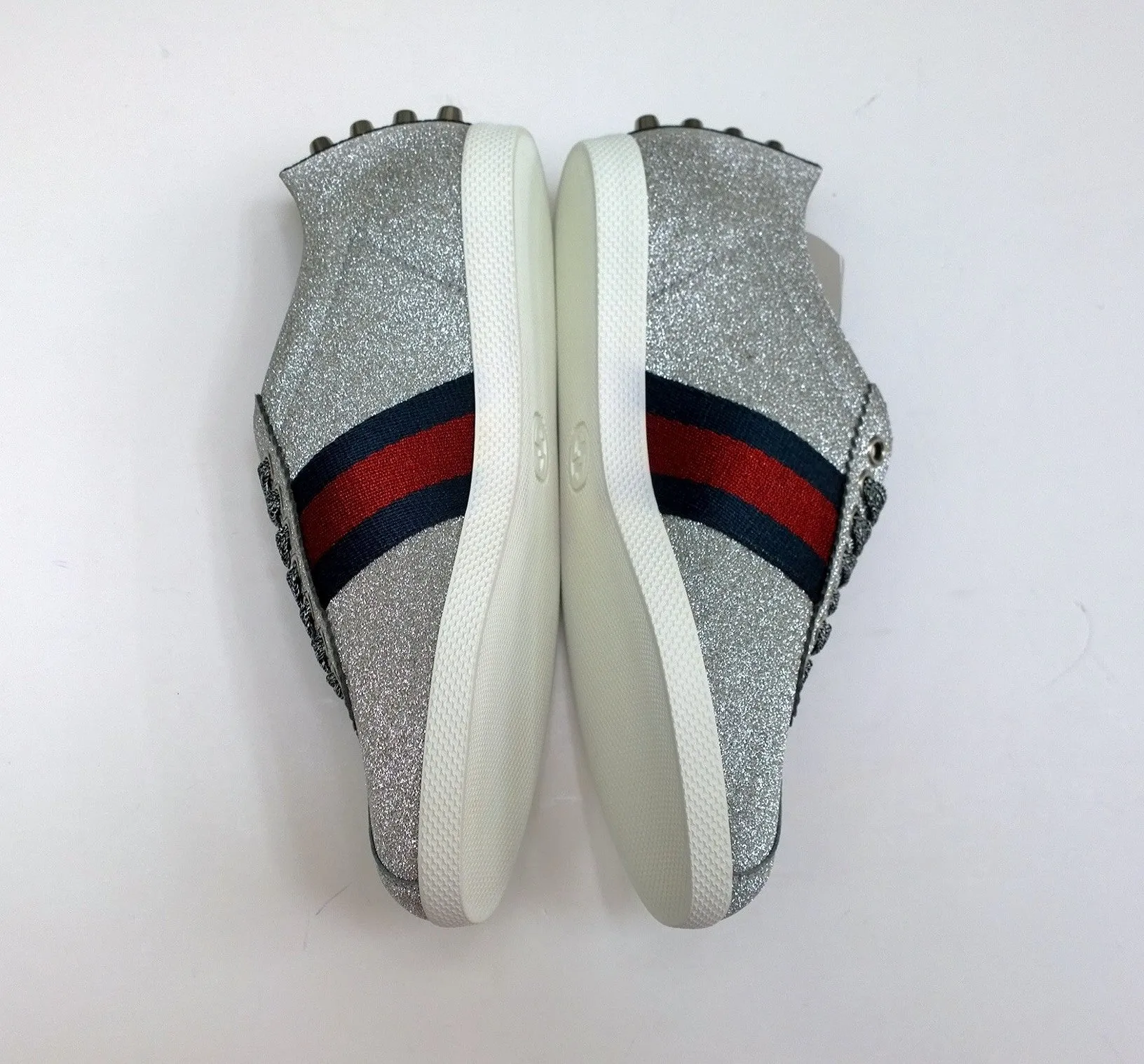 Gucci Bambi GG Silver Glitter Sneakers with Silver Studs. Grosgrain and Tiger Detail