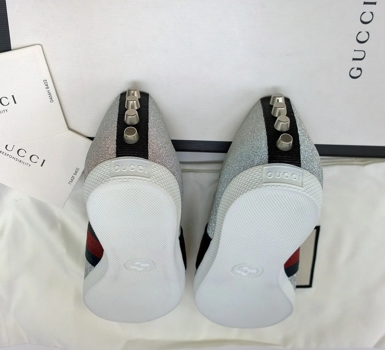 Gucci Bambi GG Silver Glitter Sneakers with Silver Studs. Grosgrain and Tiger Detail